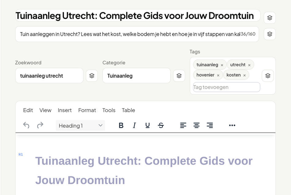 De editor met titel, metabeschrijving, zoekwoord, categorie en tags