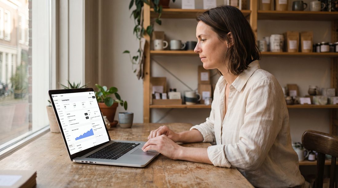 Ondernemer kijkt op haar laptop naar het overzicht van SEO AutoPilot